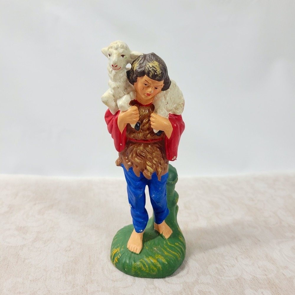 Vintage Composition Nativity Shepherd Boy Holding Lamb Figurine Japan Christmas